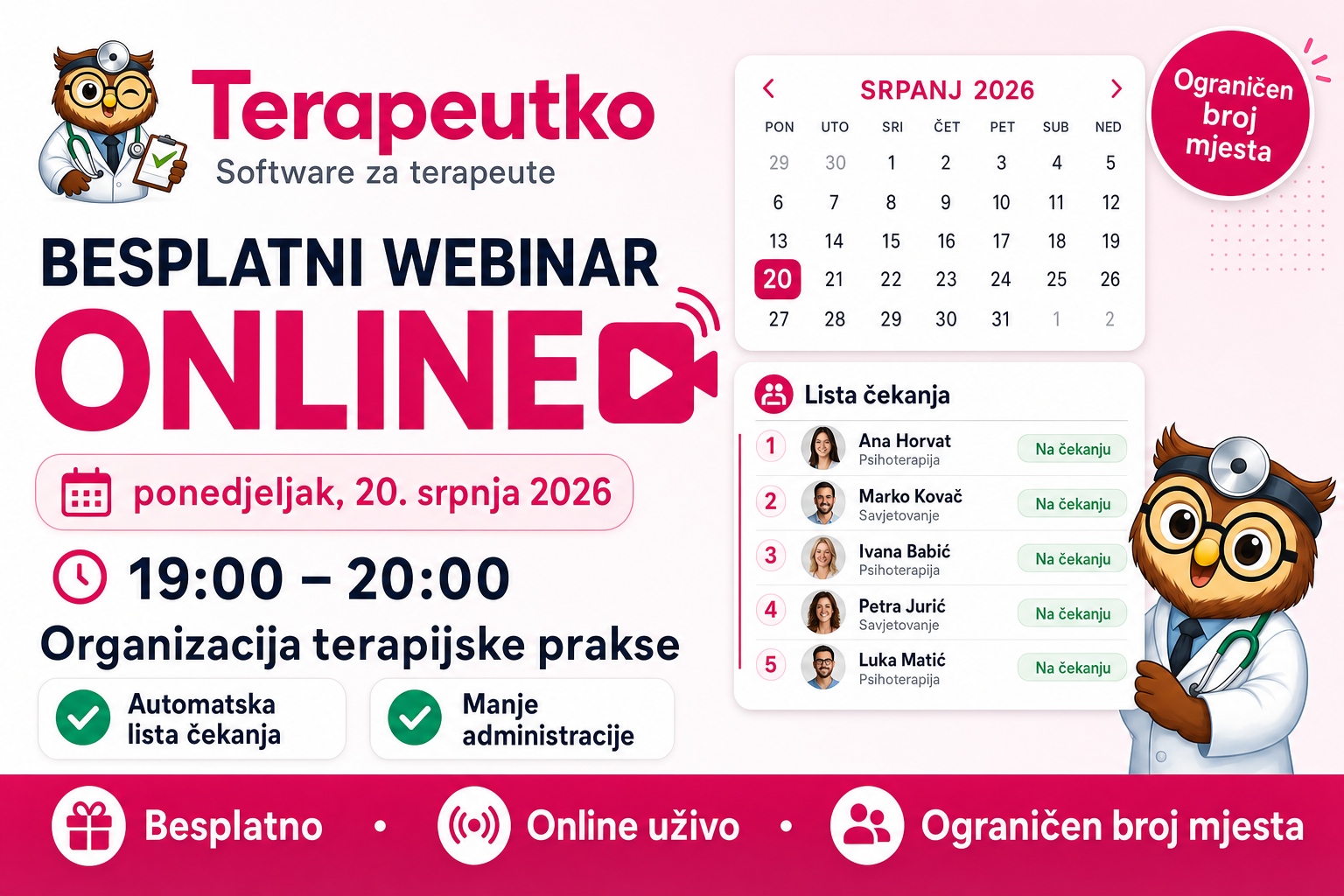 Terapeutko webinar — organizacija terapijske djelatnosti, 20. srpnja 2026.